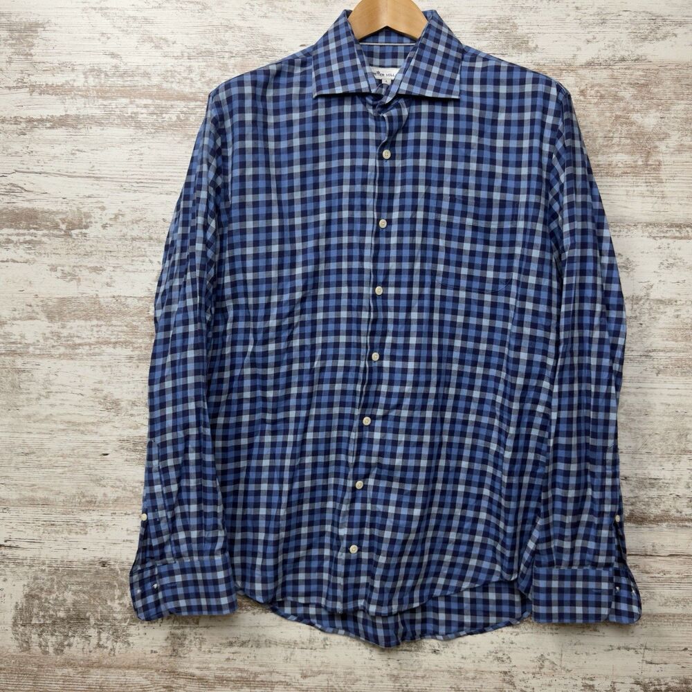 Peter Millar Crown Comfort Blue Gingham Sport Shirt Mens L Cotton Cashmere Blend